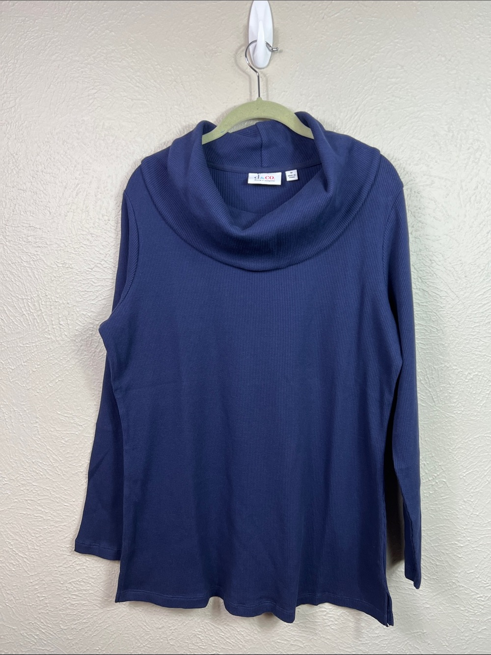 Denim & Co Navy Blue Waffle Knit Cowlneck Long Sleeve Tunic Top Medium